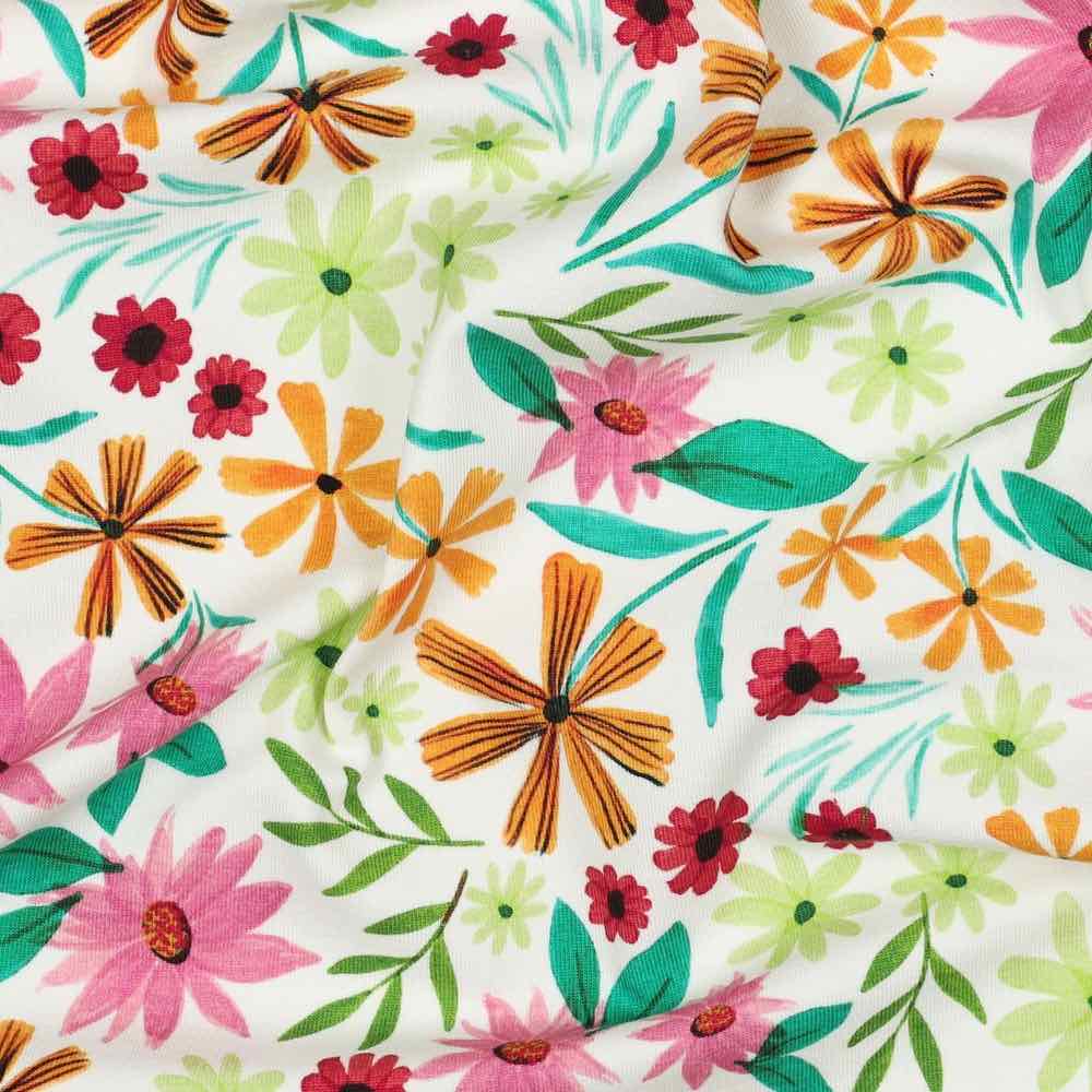 Jersey, Blumen Rosa Pink Grün auf Ecru – Bild 5