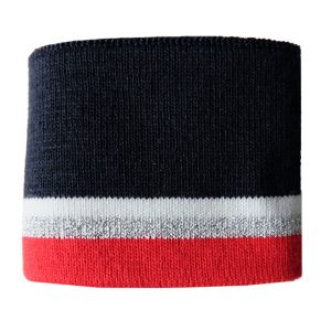 1 Strickbündchen, Collegebündchen in Marine mit Streifen in Rot/Silber/Weiß, 90 x 6 cm