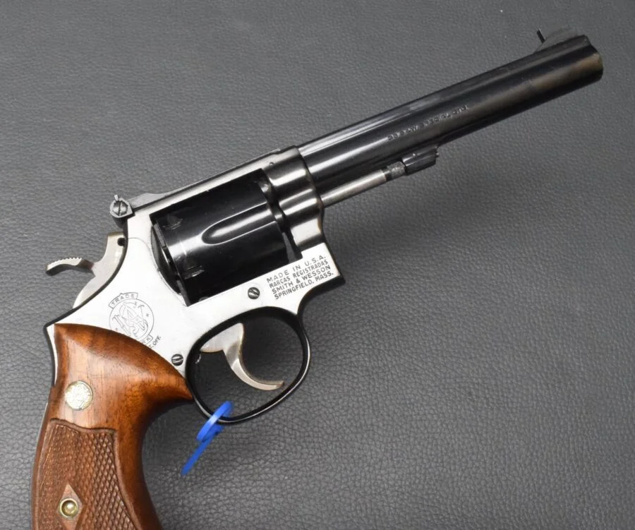 Smith & Wesson Modell 14-3, brüniert, Kaliber 38 S&W, 6″ Lauf, Holzgriff, sehr gut – Bild 5